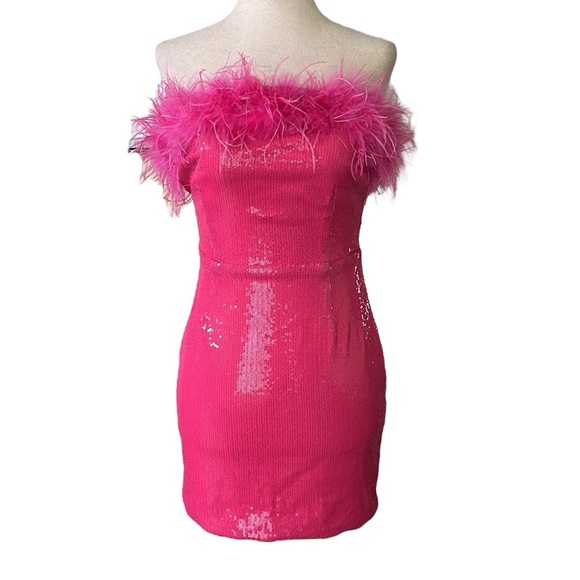 Pink Sequined Feather Trim Mini Dress - Picture 5 of 11